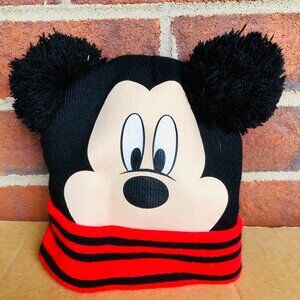 Disney 3D Mickey Mouse Pom Pom Ears Beanie Warm Hat Youth 4-6X Black Red Winter